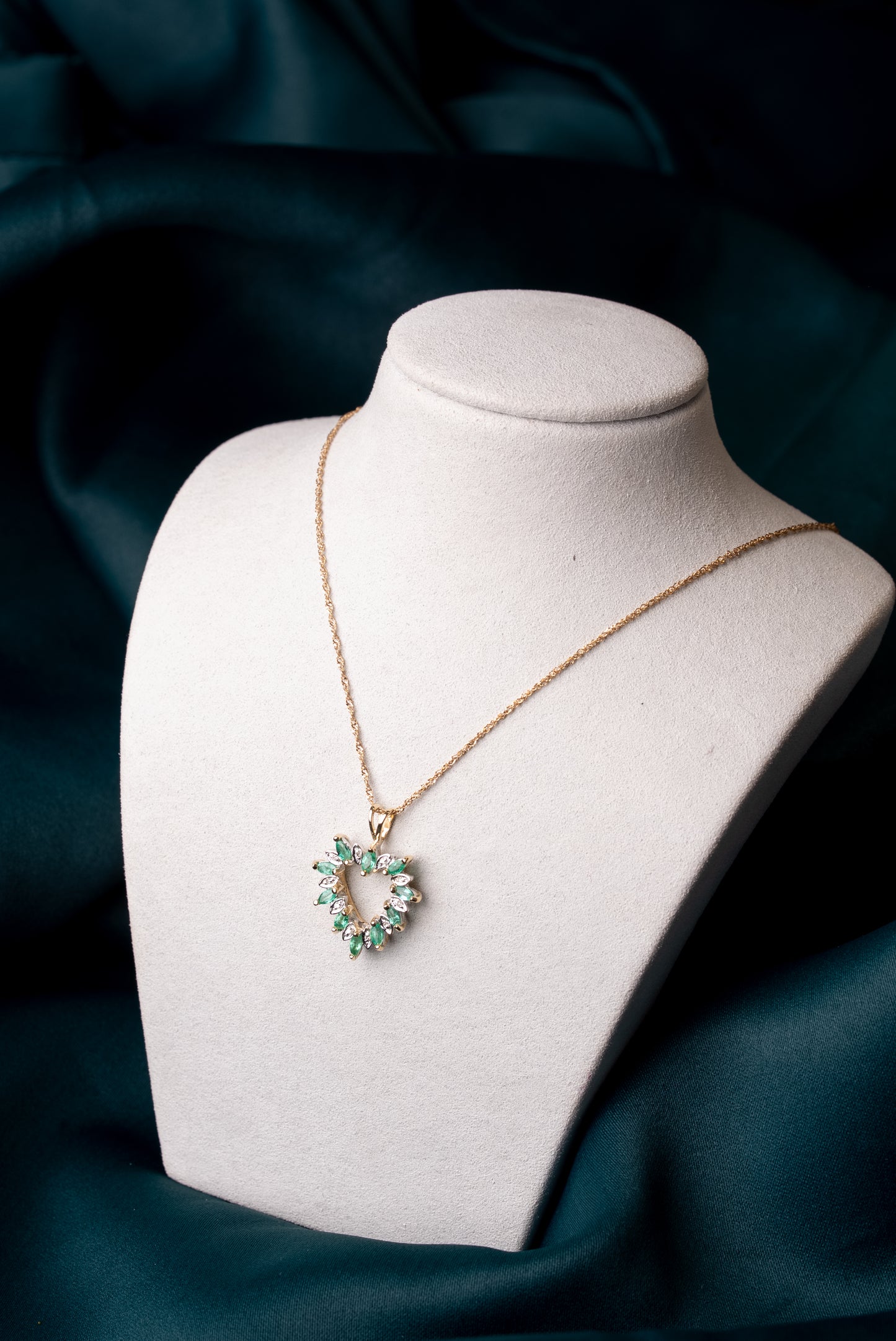 9ct Yellow Gold & White Gold with Marquise Cut Emeralds Heart Pendant