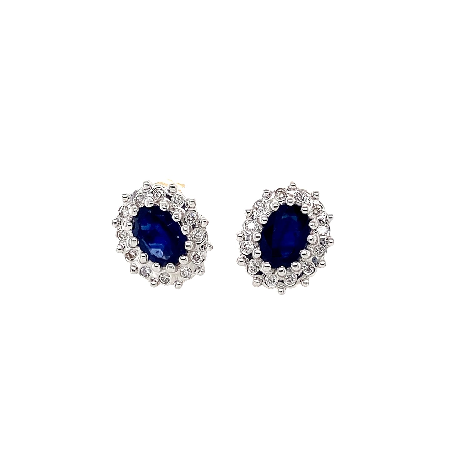 Oval Sapphire and Round Brilliant Cut Diamond Cluster Earrings