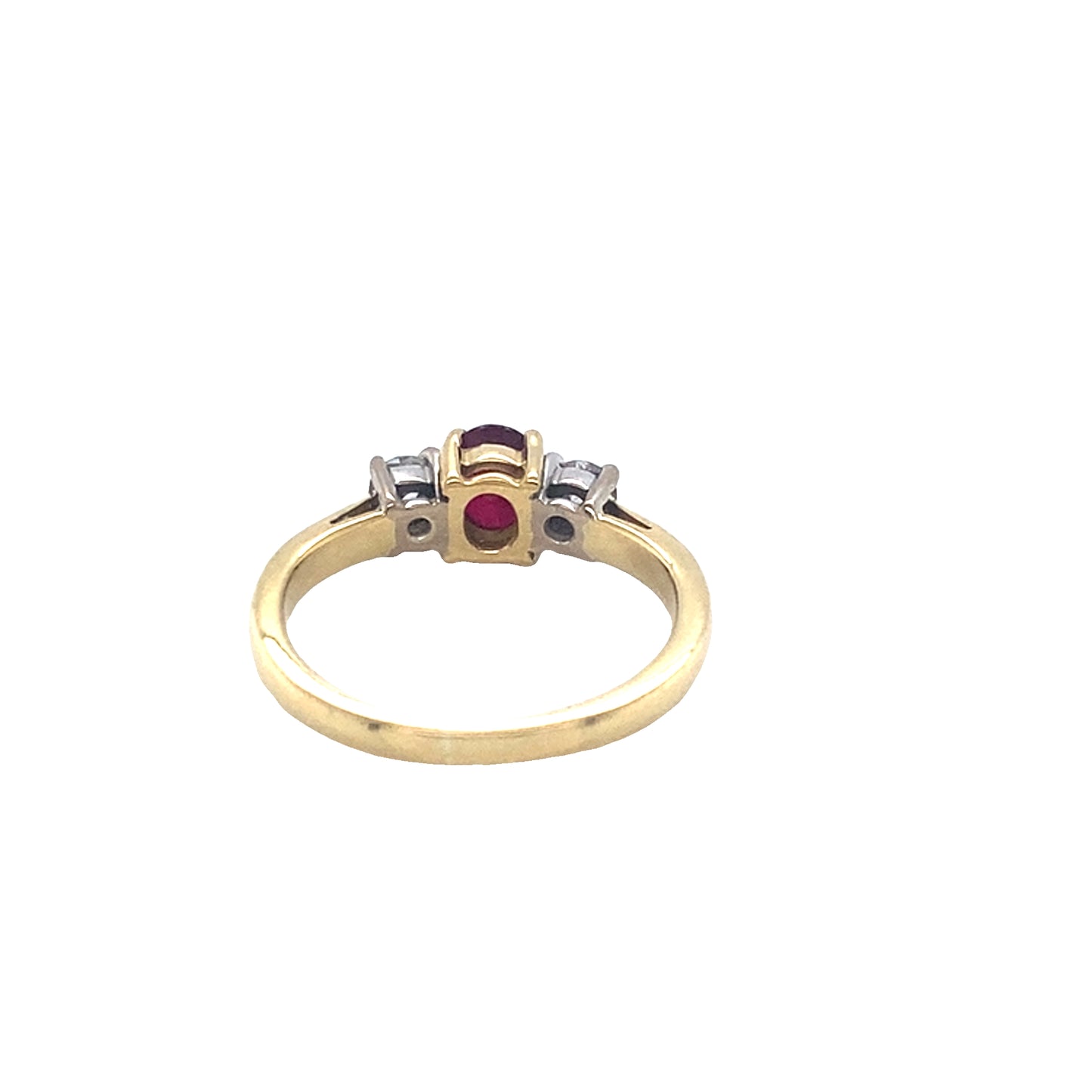 Oval Ruby and Round Brilliant Cut Diamond 3 Stone Ring