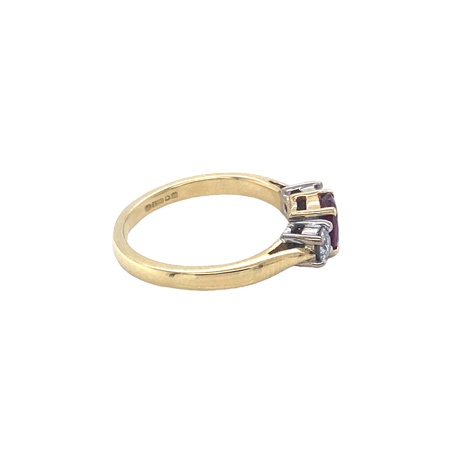 Oval Ruby and Round Brilliant Cut Diamond 3 Stone Ring