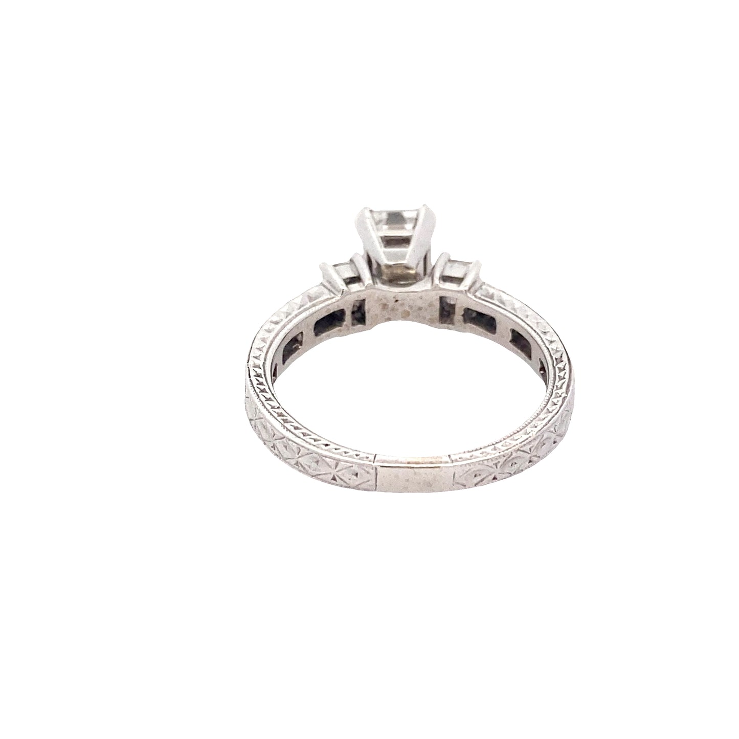 Emerald Cut Diamond 3 Stone Ring with Princess Cut Diamond set shoulders