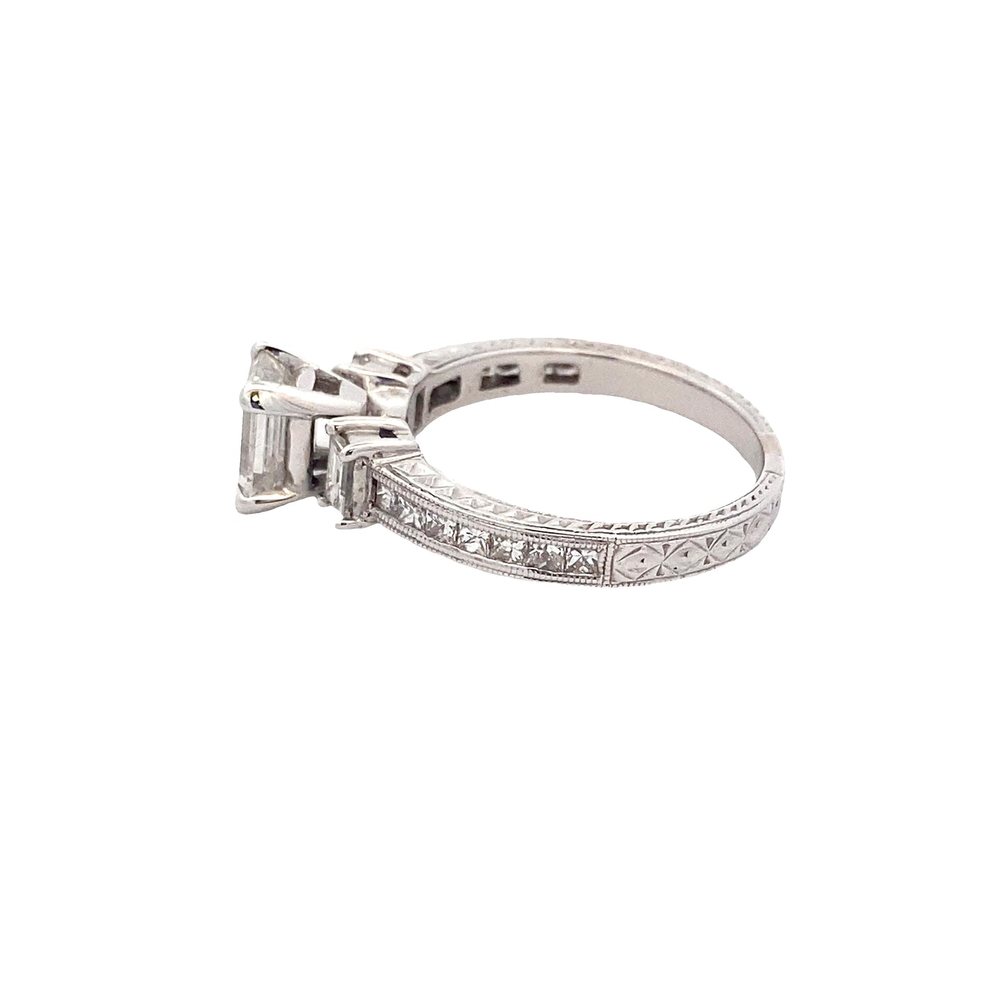 Emerald Cut Diamond 3 Stone Ring with Princess Cut Diamond set shoulders