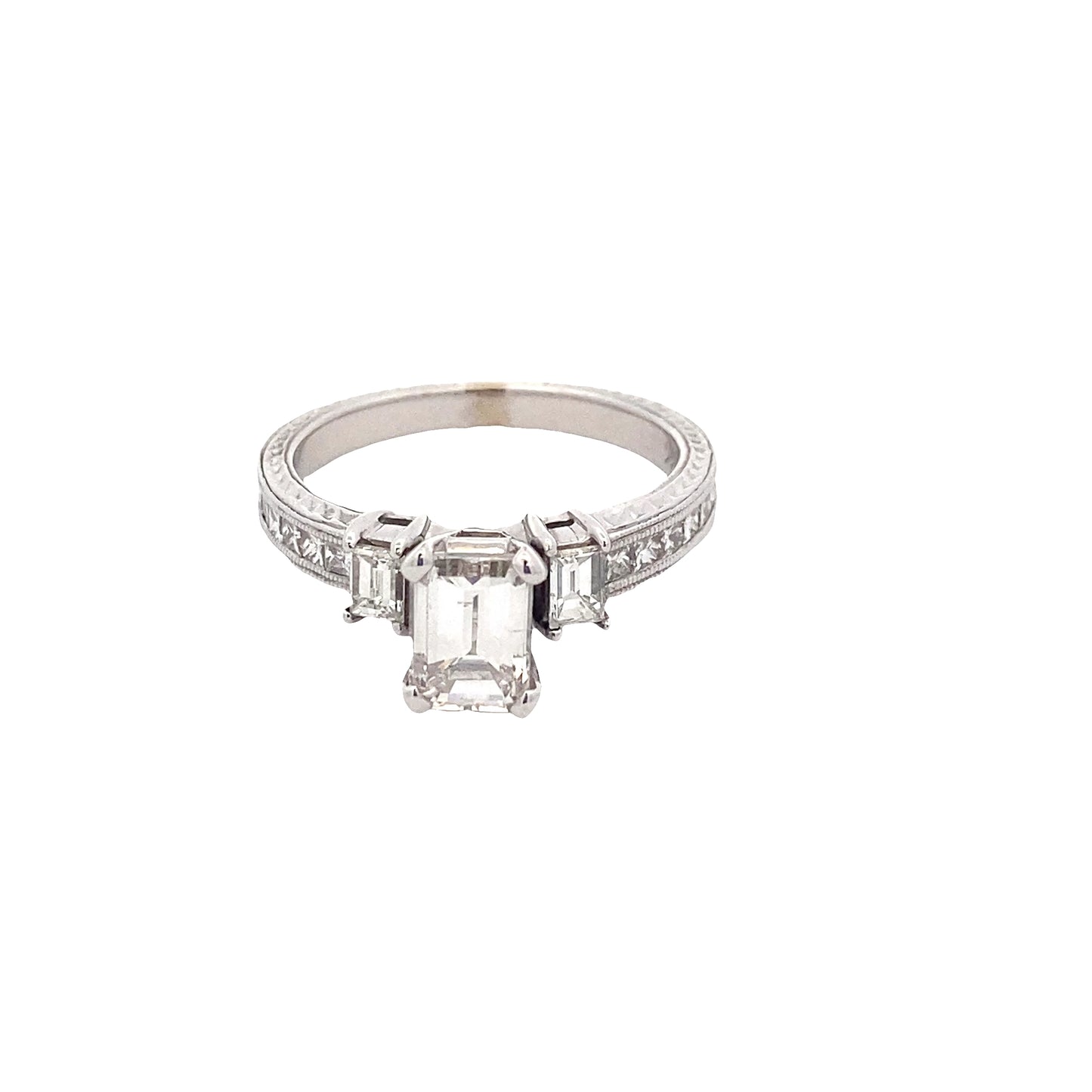 Emerald Cut Diamond 3 Stone Ring with Princess Cut Diamond set shoulders