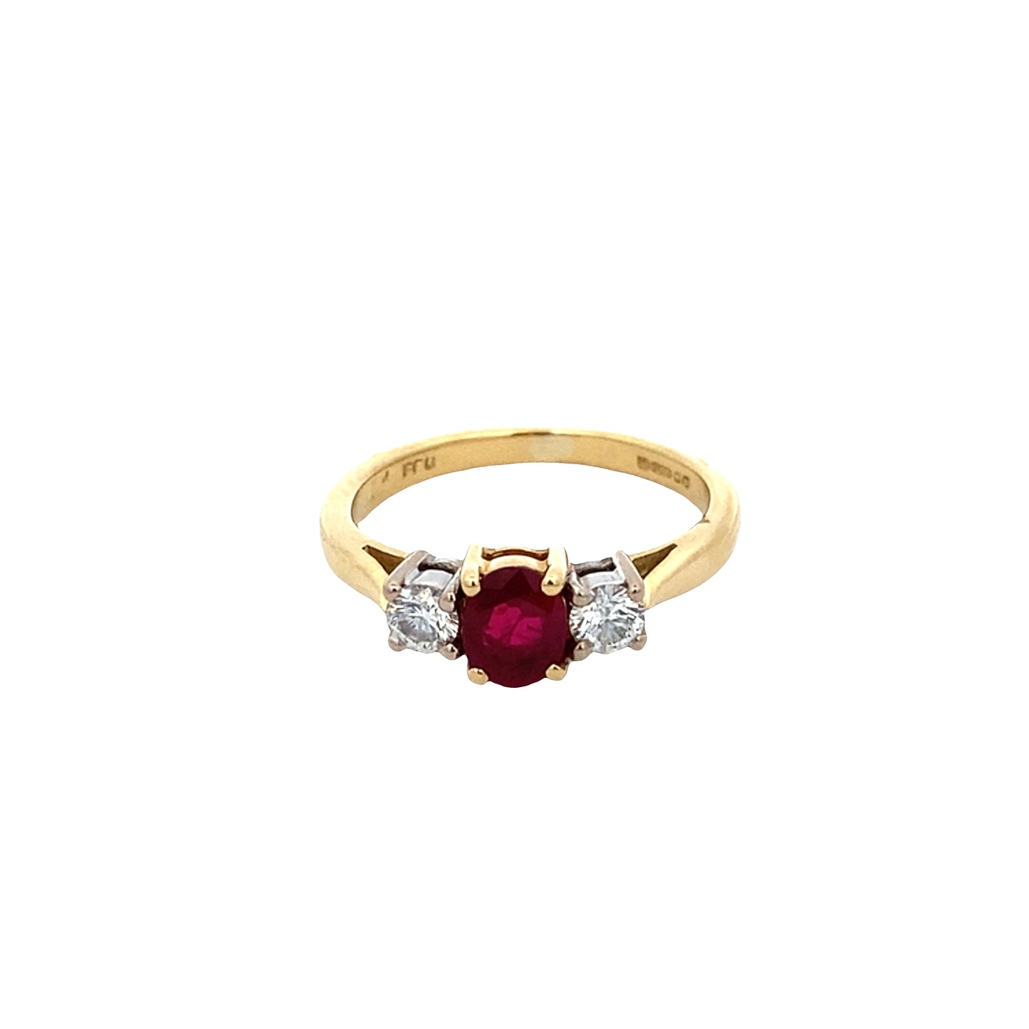 Oval Ruby and Round Brilliant Cut Diamond 3 Stone Ring