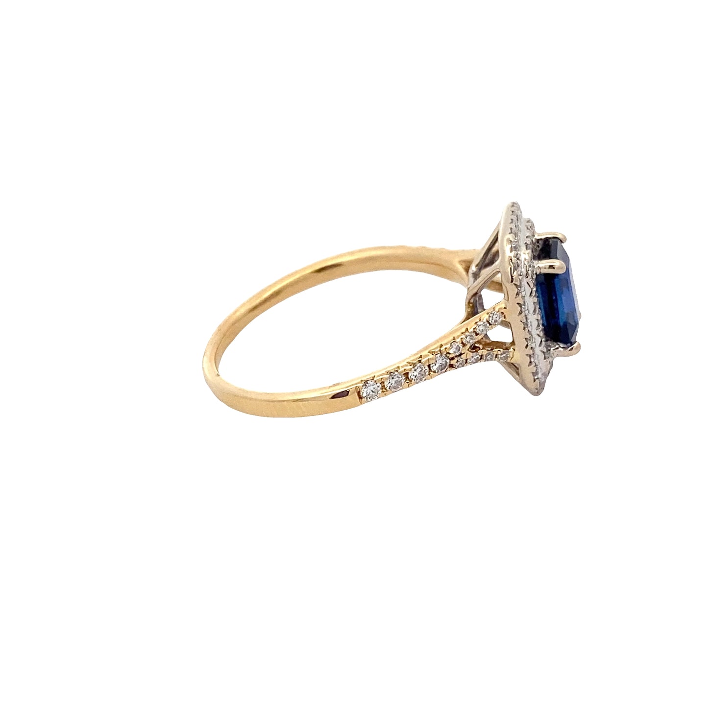 Sapphire and Diamond Double Halo Ring with Split Diamond Set Shoulders