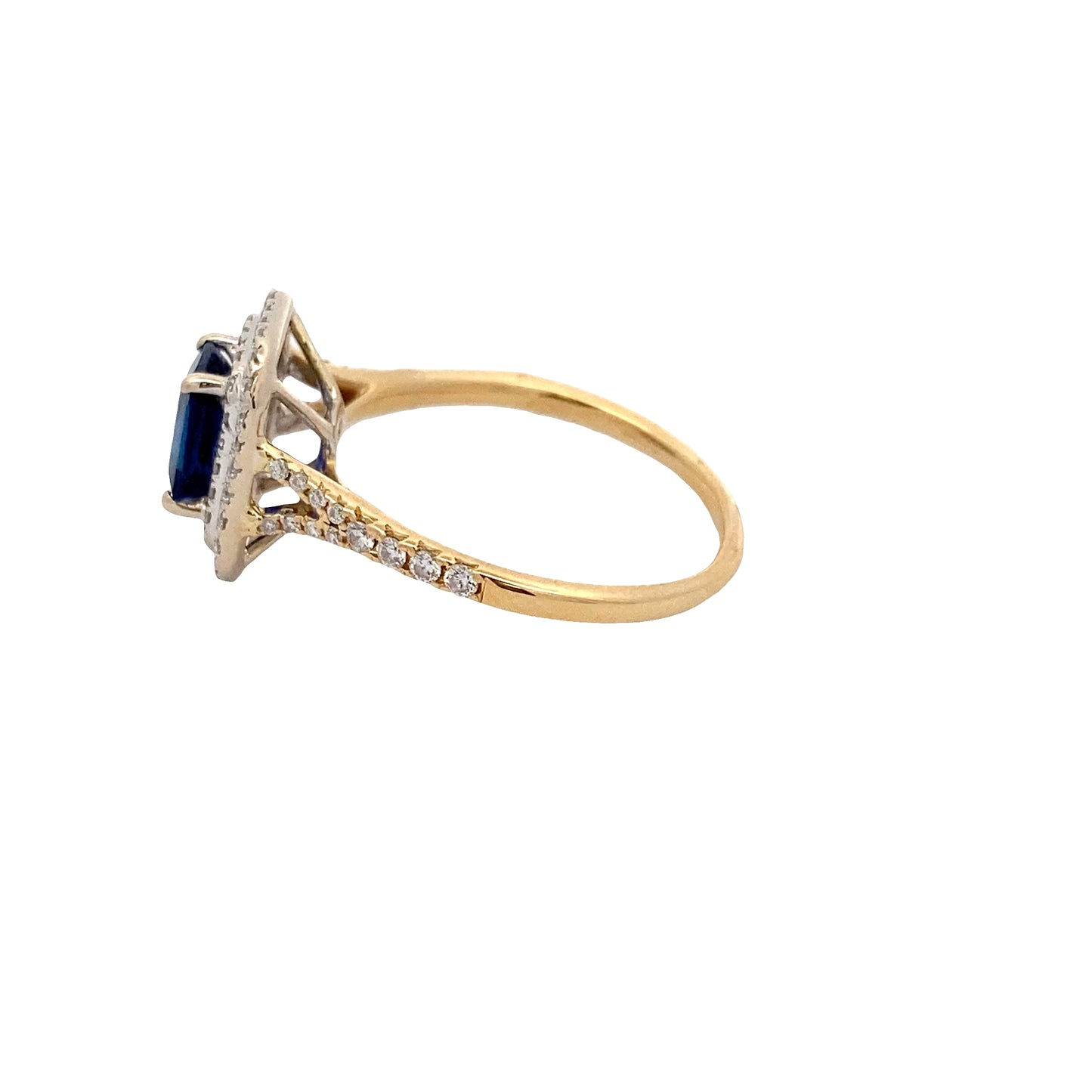 Sapphire and Diamond Double Halo Ring with Split Diamond Set Shoulders
