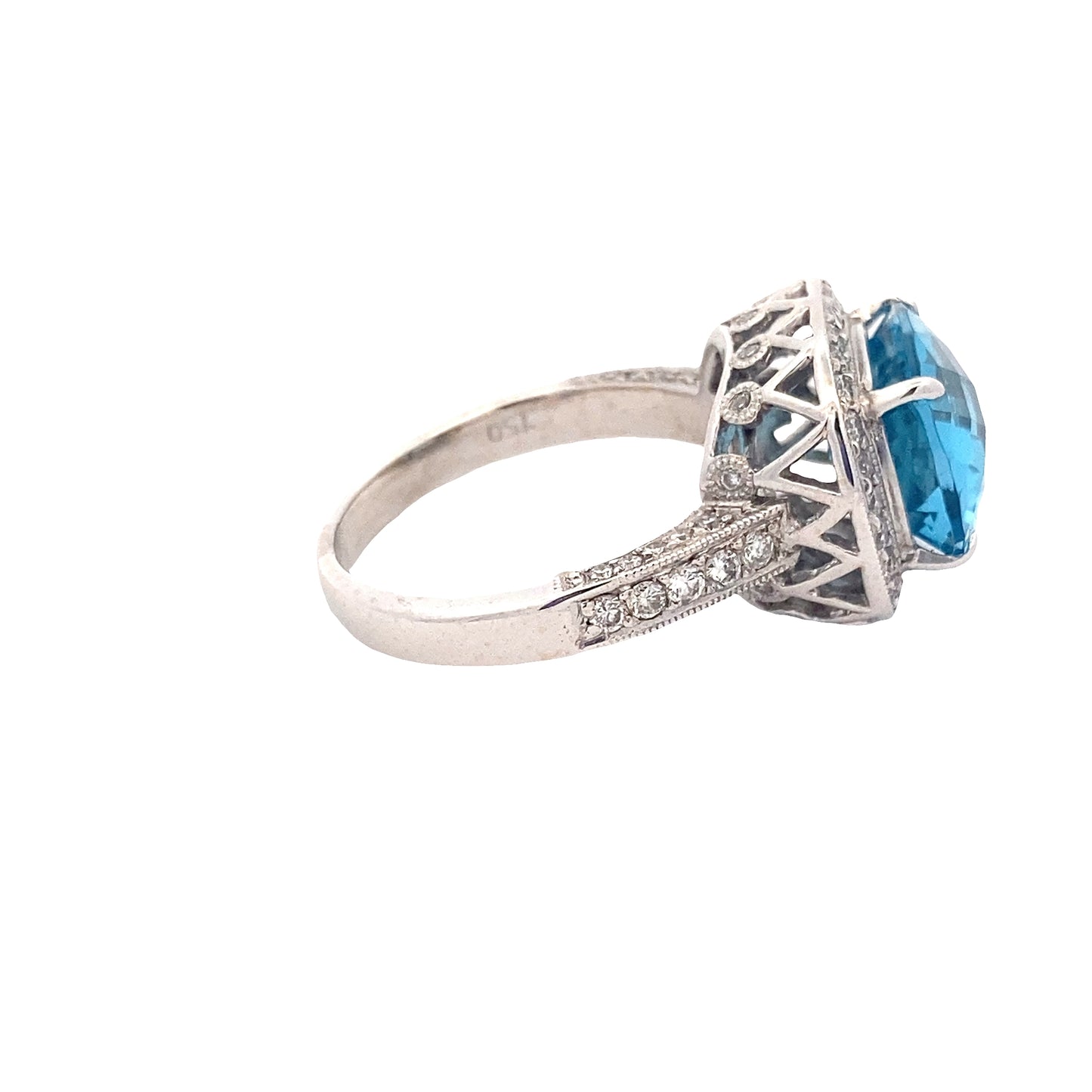 Blue Topaz with halo of Diamonds and Diamond set shoulders Ring