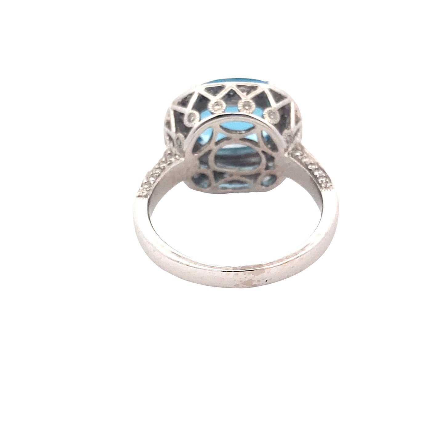 Blue Topaz with halo of Diamonds and Diamond set shoulders Ring