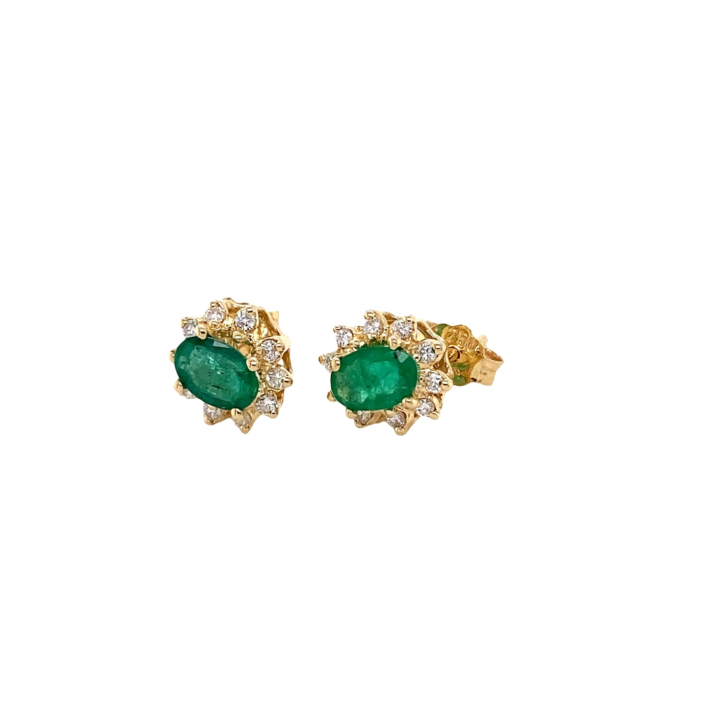 Oval shaped Emerald and Round Brilliant Cut Diamond Cluster Style Earrings