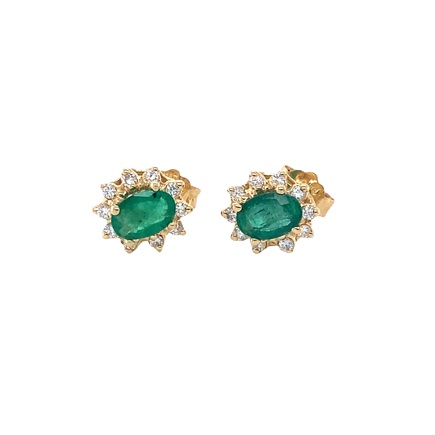 Oval shaped Emerald and Round Brilliant Cut Diamond Cluster Style Earrings
