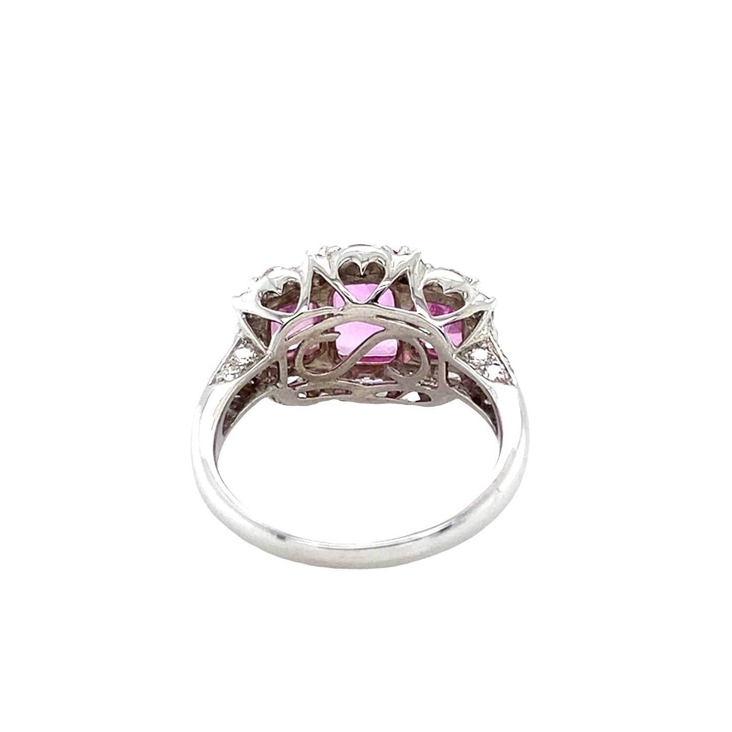 Pink Sapphire 3 Stone Ring with Diamond Halo and Diamond set Shoulders