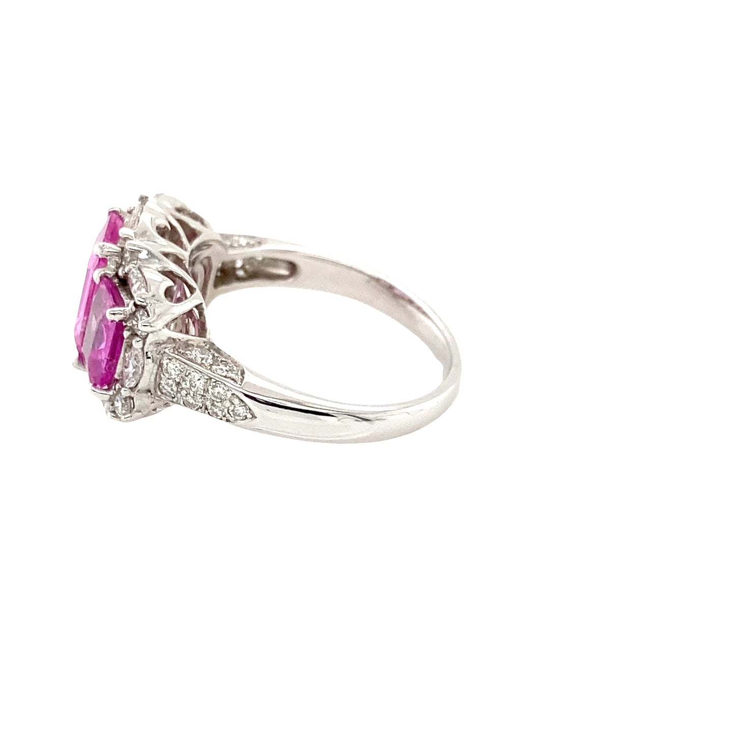 Pink Sapphire 3 Stone Ring with Diamond Halo and Diamond set Shoulders