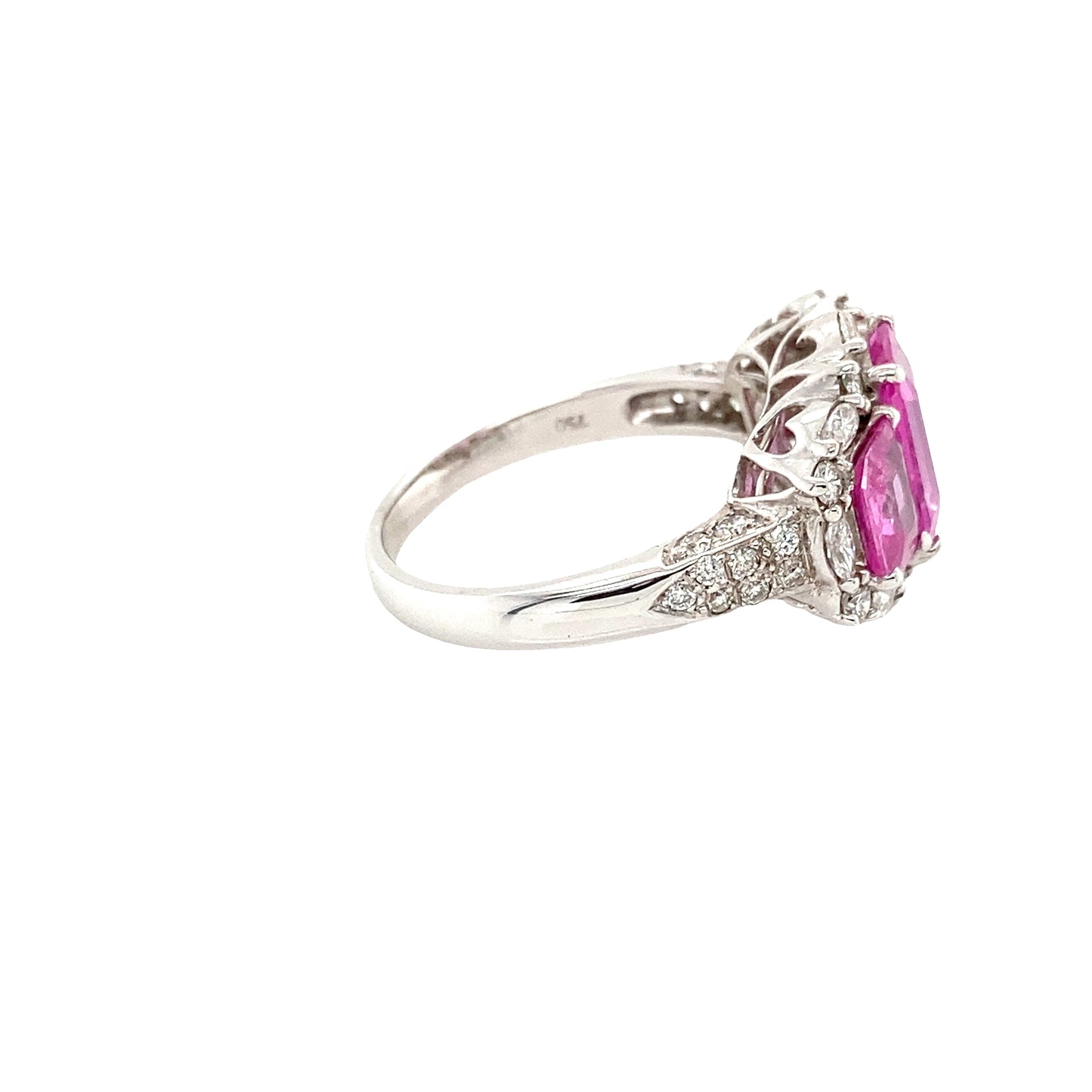 Pink Sapphire 3 Stone Ring with Diamond Halo and Diamond set Shoulders