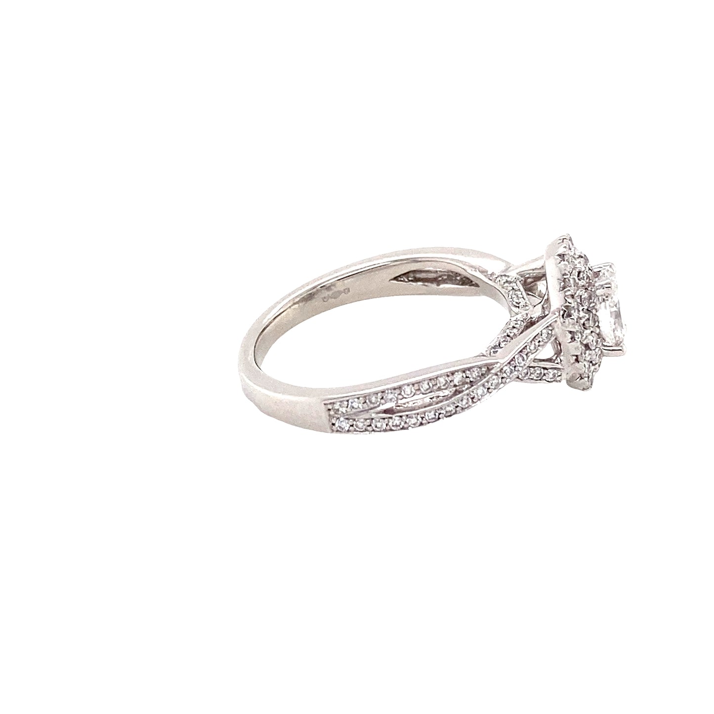 Oval and Round Brilliant Cut Double Halo and Twist Diamond Set Shoulders