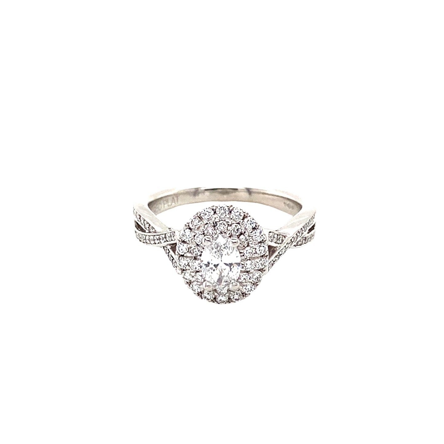 Oval and Round Brilliant Cut Double Halo and Twist Diamond Set Shoulders