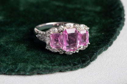 Pink Sapphire 3 Stone Ring with Diamond Halo and Diamond set Shoulders