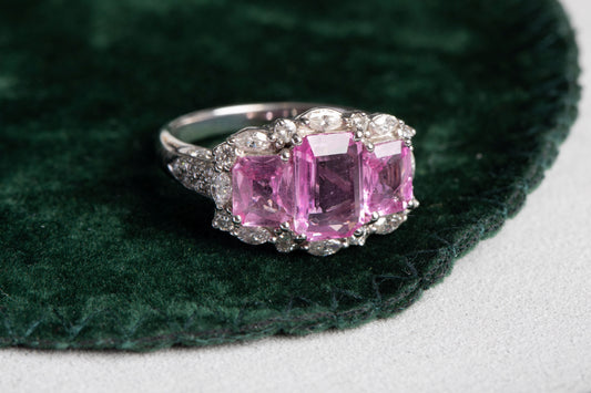 Pink Sapphire 3 Stone Ring with Diamond Halo and Diamond set Shoulders