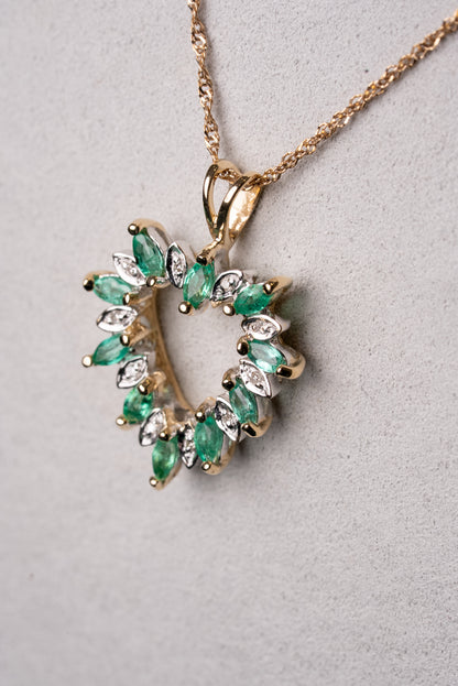 9ct Yellow Gold & White Gold with Marquise Cut Emeralds Heart Pendant