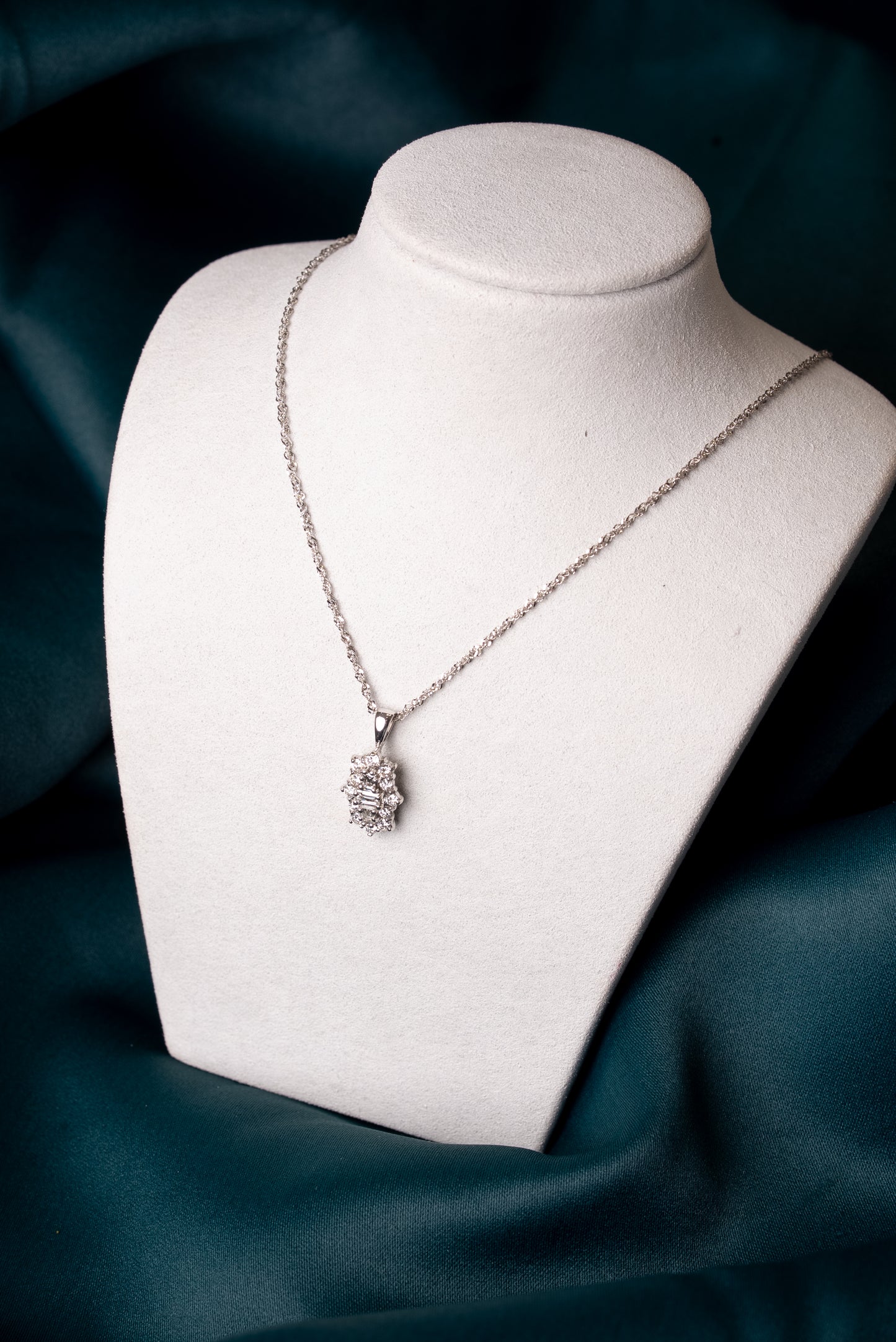 Emerald Cut and Round Brilliant Cut Diamond Cluster Pendant on White Gold chain