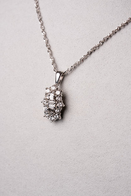 Emerald Cut and Round Brilliant Cut Diamond Cluster Pendant on White Gold chain