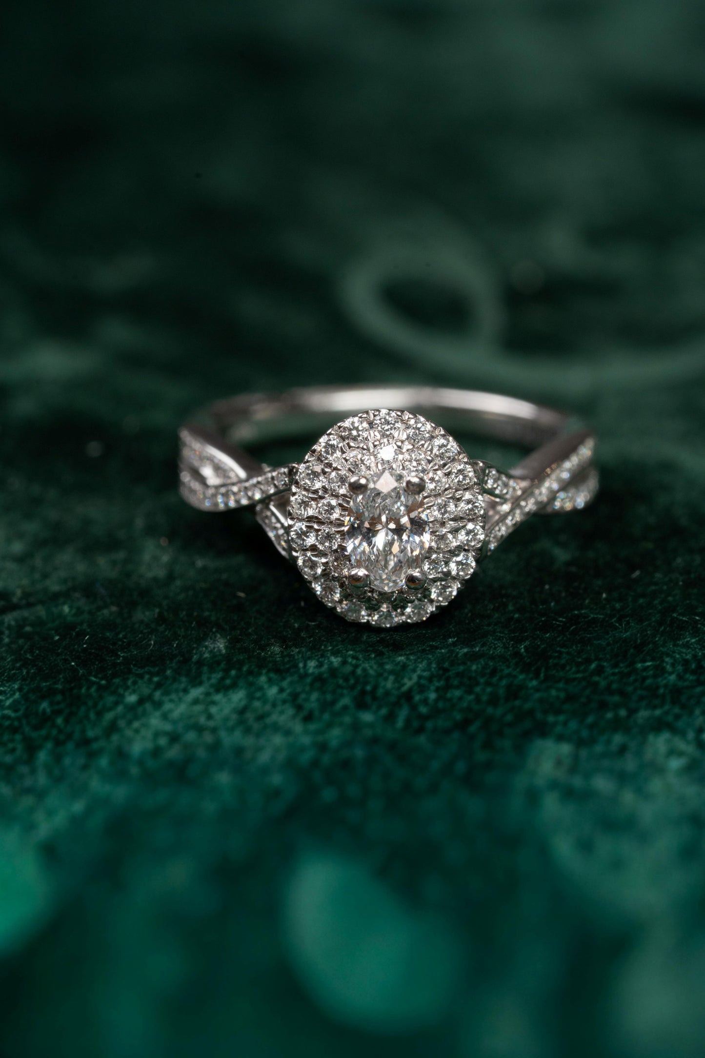 Oval and Round Brilliant Cut Double Halo and Twist Diamond Set Shoulders