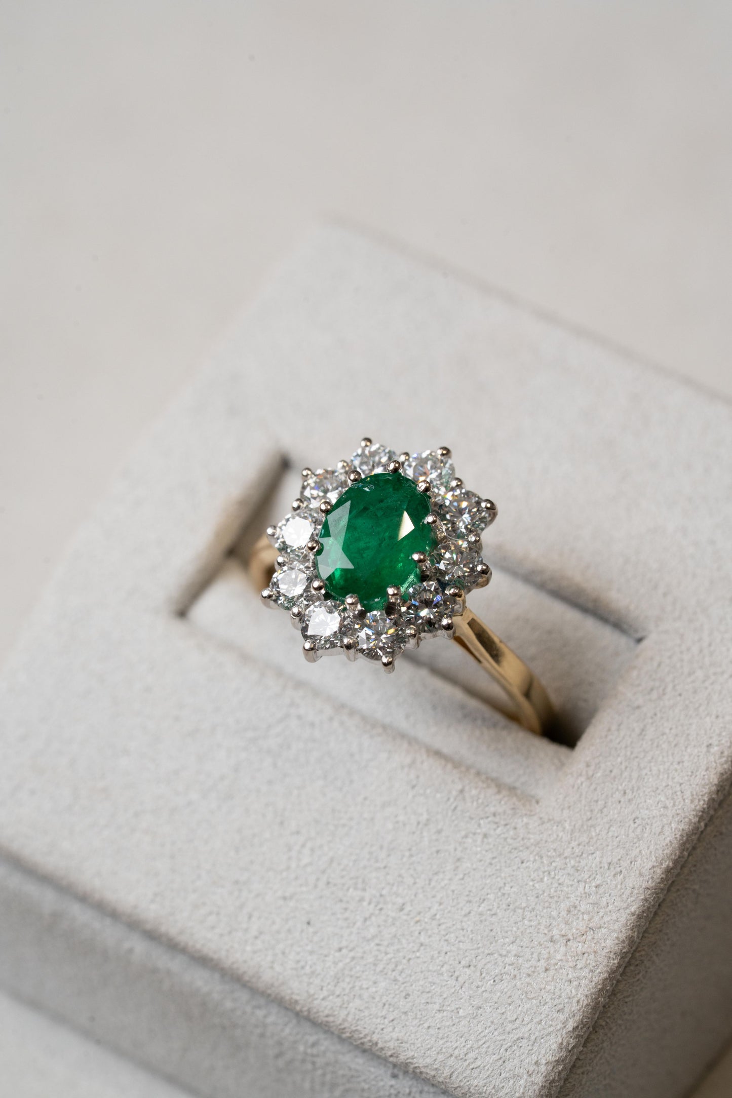 Oval Emerald and Round Brilliant Cut Cluster Ring