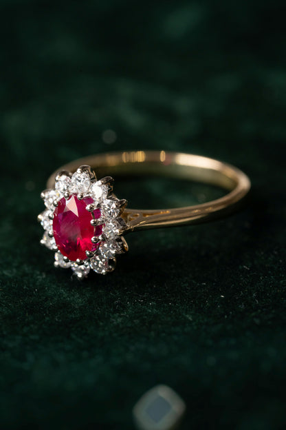 Oval Ruby and Round Brilliant Cut Diamond Cluster Style Ring