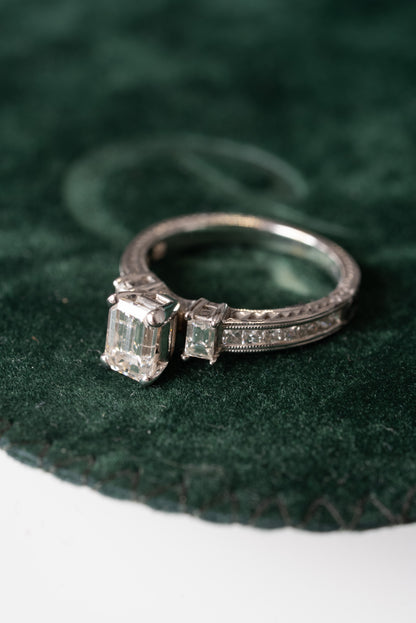 Emerald Cut Diamond 3 Stone Ring with Princess Cut Diamond set shoulders