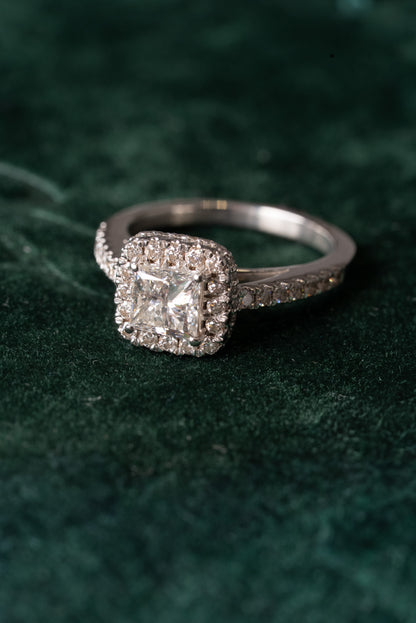 Princess Cut Diamond with Round Brilliant Cut Diamond Halo and Diamond Set Shoulders