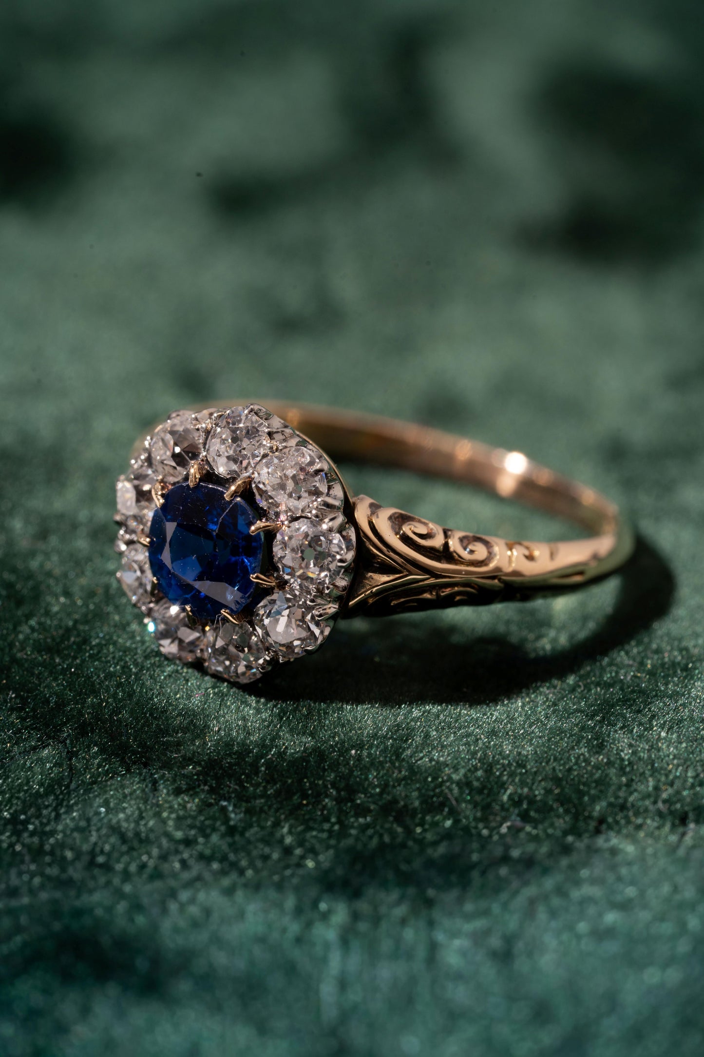 Round Sapphire and Old Cut Diamond Cluster Ring