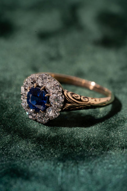 Round Sapphire and Old Cut Diamond Cluster Ring