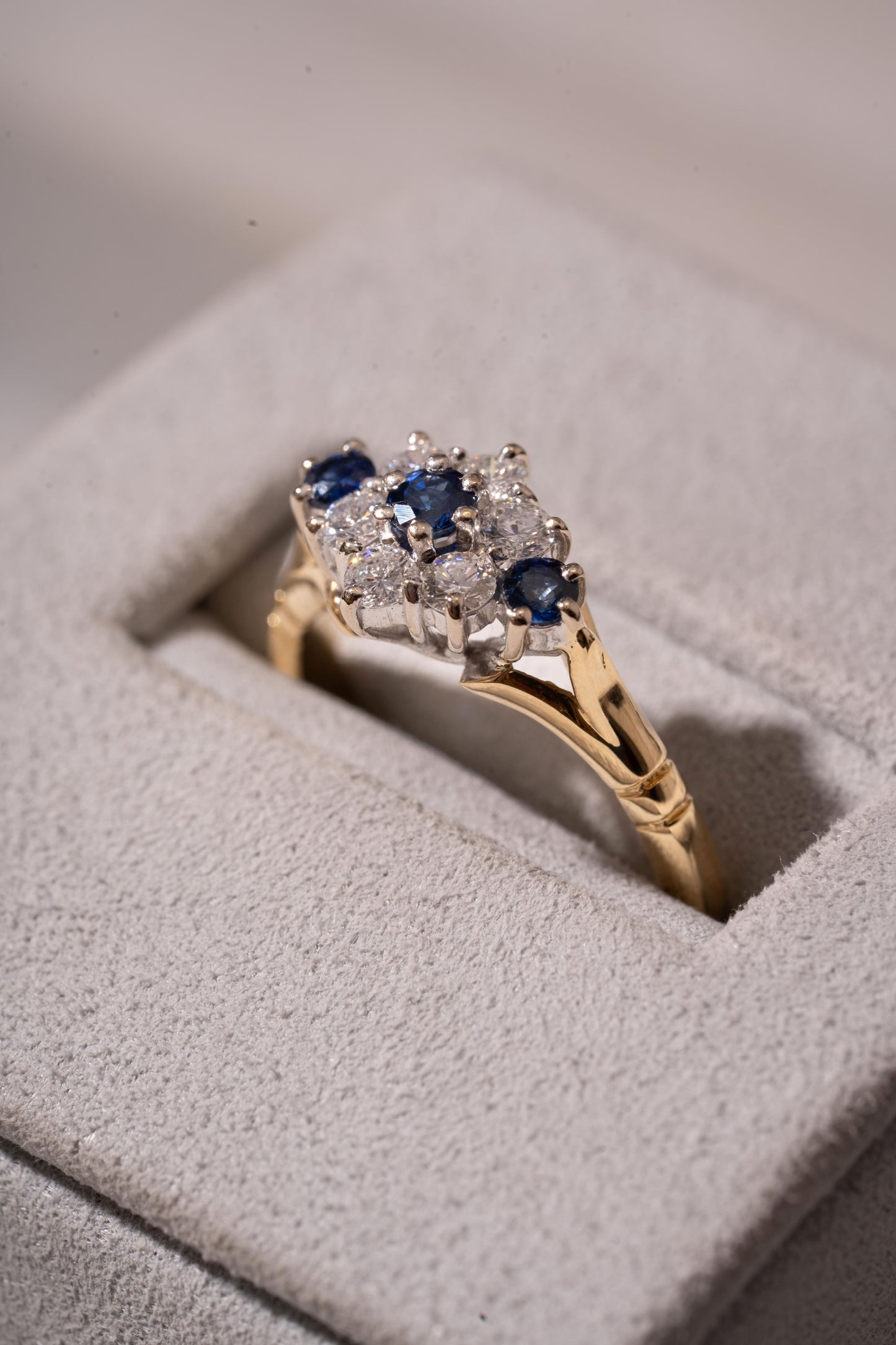 Round Sapphire and Round Brilliant Cut Diamond Cluster Style Ring