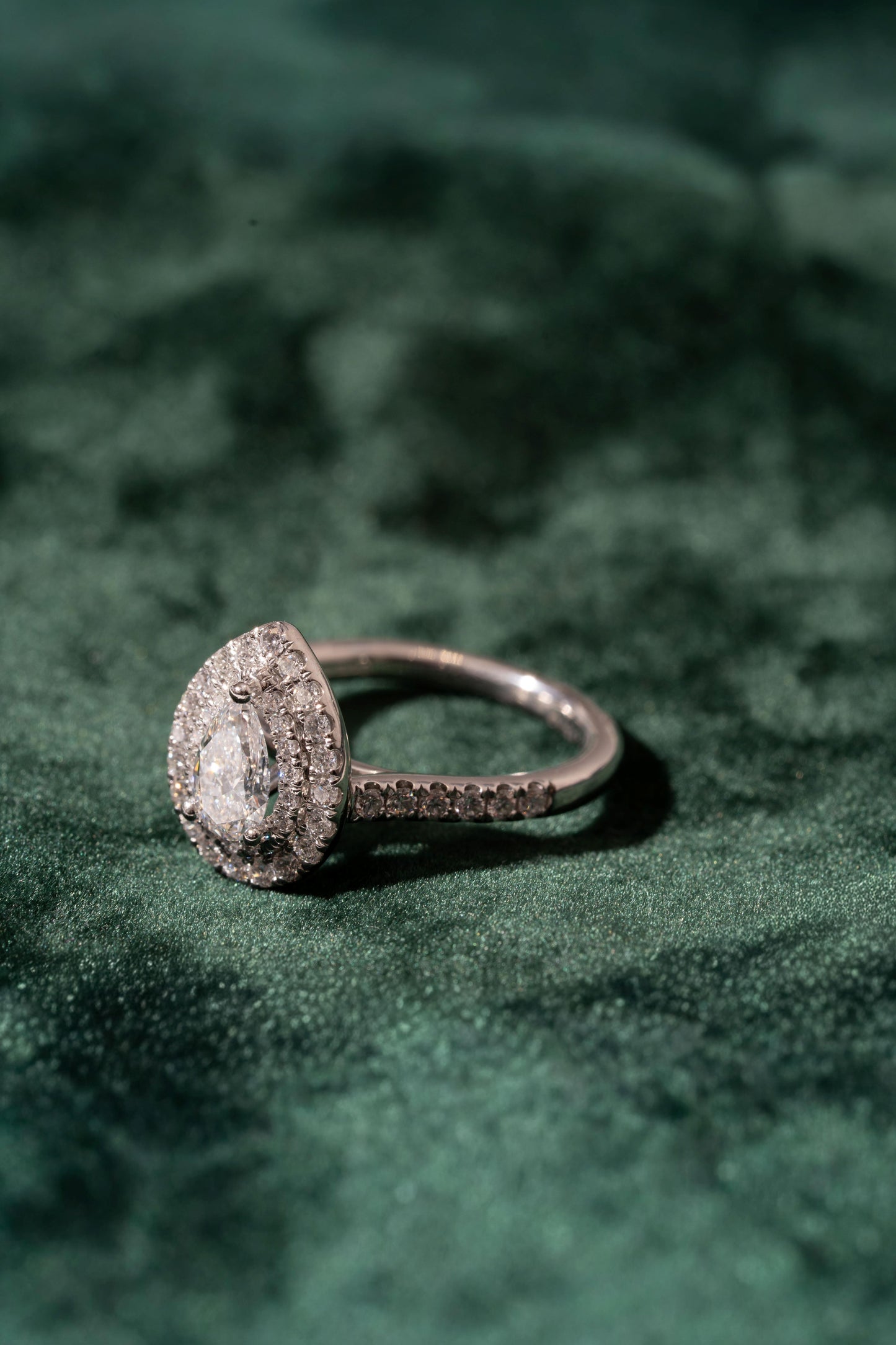 Pear Cut Diamond with Double Halo and Diamond Set Shoulders