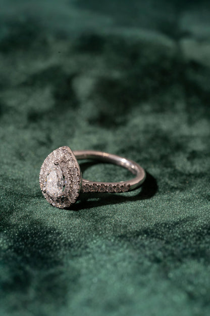 Pear Cut Diamond with Double Halo and Diamond Set Shoulders