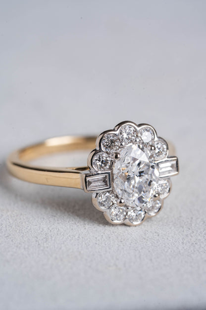 Oval, Round Brilliant and Baguette Cut Diamond Vintage Cluster Ring - 1.61cts