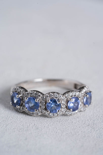 Tanzanite and Round Brilliant Cut Diamond Halo Cluster Ring