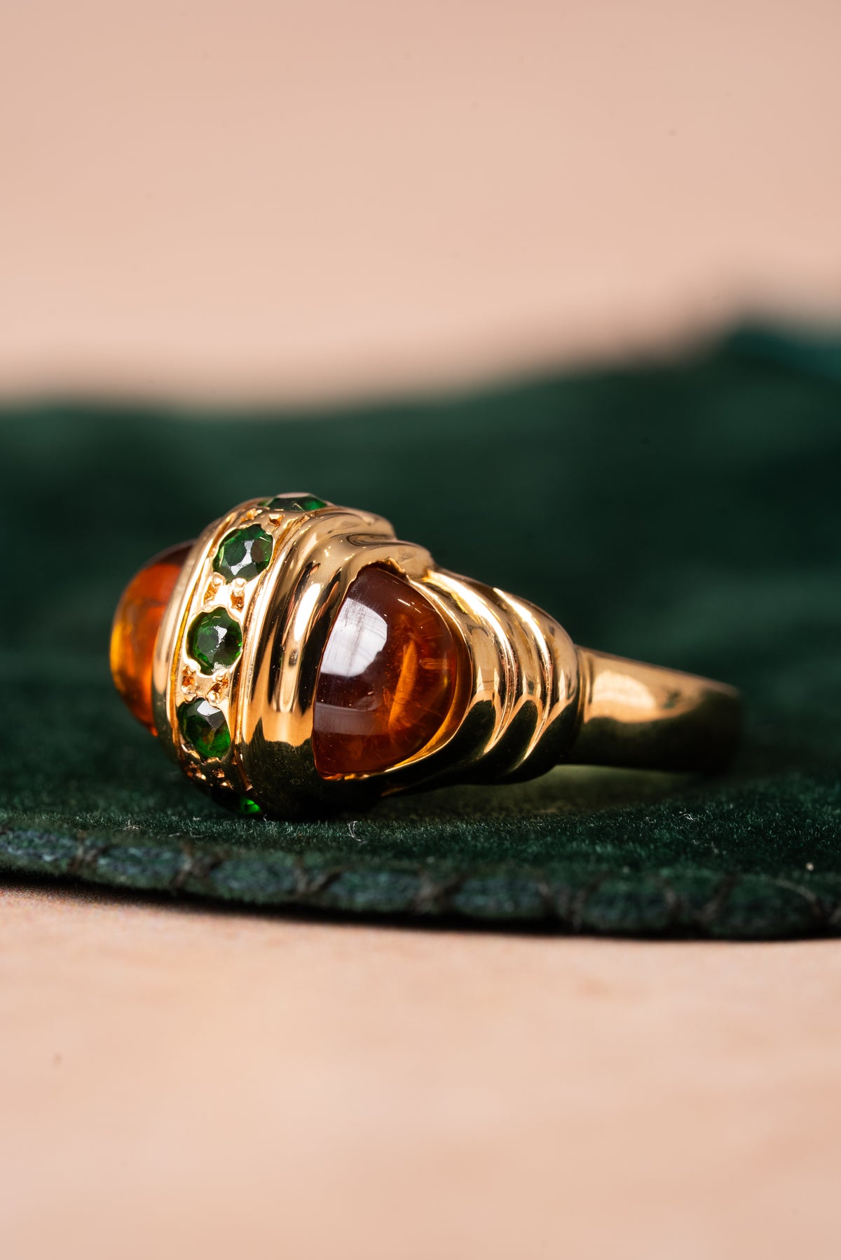 9ct Yellow Gold, Amber and Green Stone Fancy Signet Ring