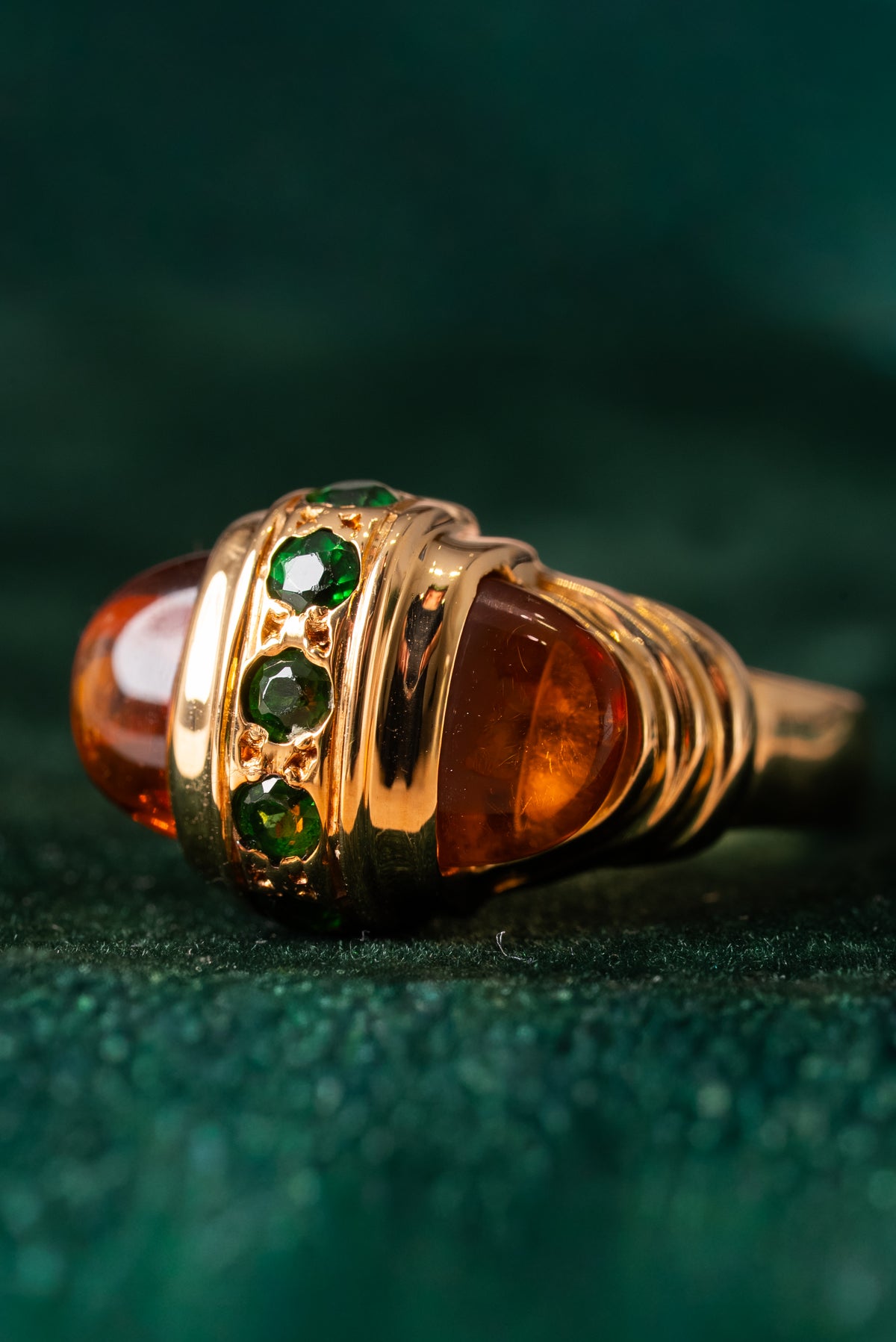 9ct Yellow Gold, Amber and Green Stone Fancy Signet Ring