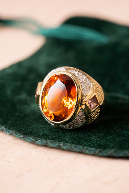 Amber, Pink Tourmaline and Diamond Signet Ring