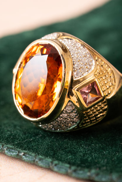 Amber, Pink Tourmaline and Diamond Signet Ring