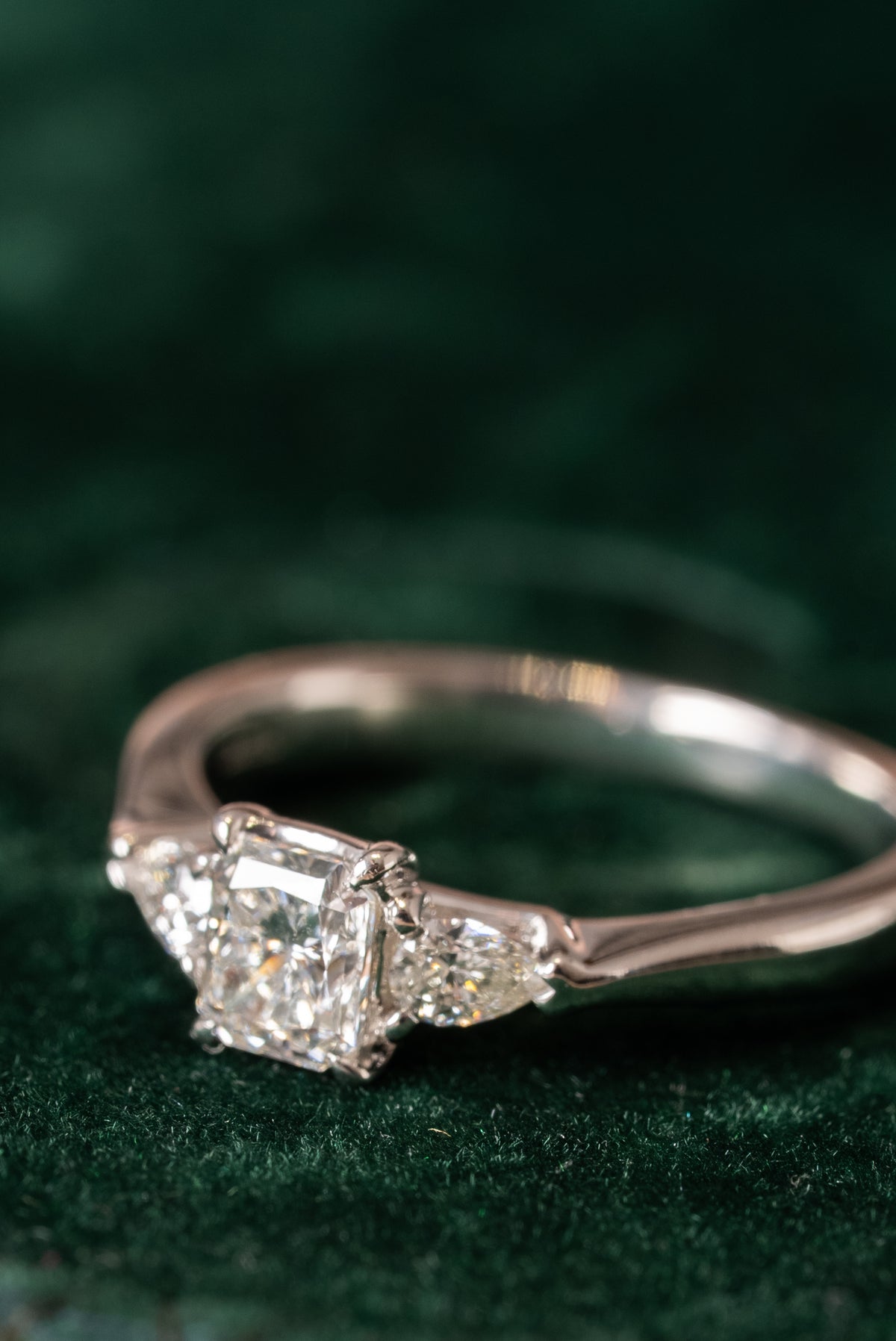 Platinum, Radiant and Pear Cut Diamond 3 Stone Ring