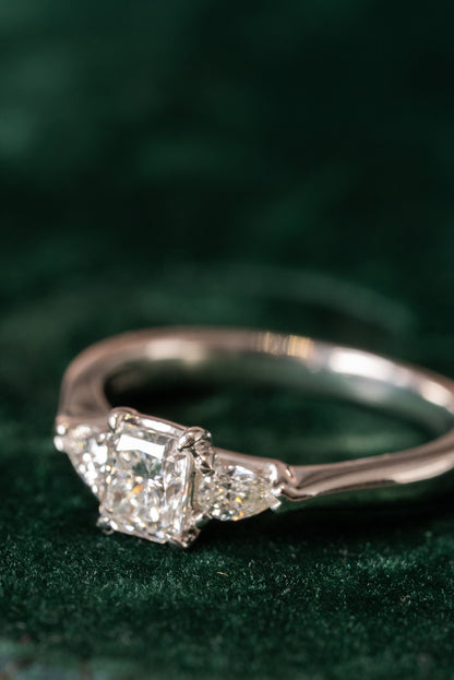Platinum, Radiant and Pear Cut Diamond 3 Stone Ring