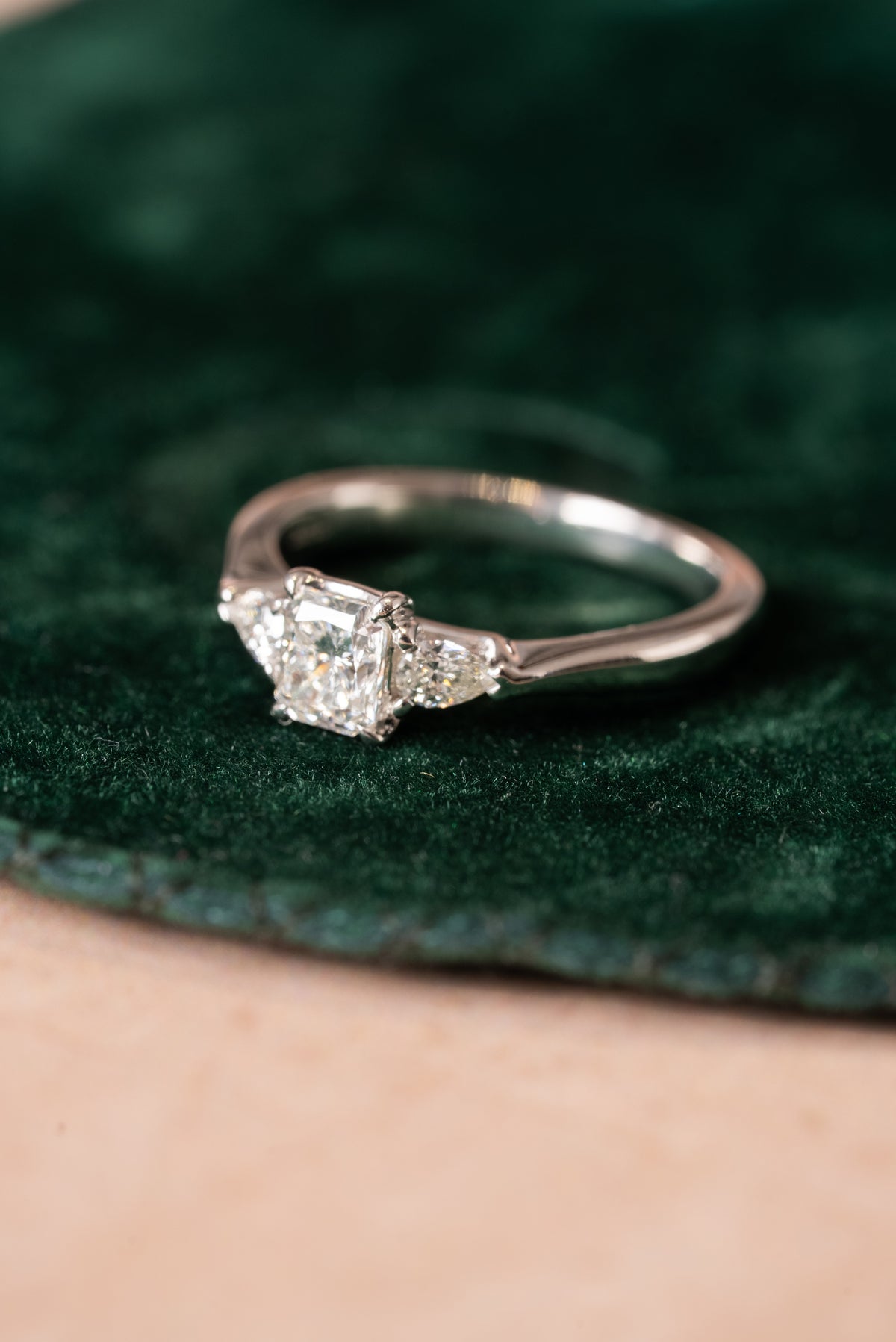 Platinum, Radiant and Pear Cut Diamond 3 Stone Ring