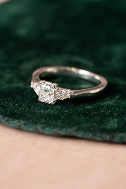 Platinum, Radiant and Pear Cut Diamond 3 Stone Ring