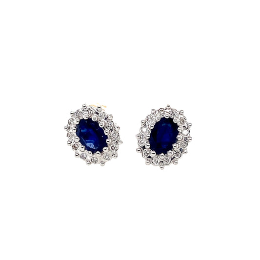 Oval Sapphire and Round Brilliant Cut Diamond Cluster Earrings