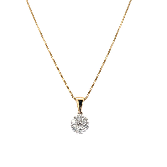 Yellow and White Gold Round Brilliant Diamond Cluster Style Pendant