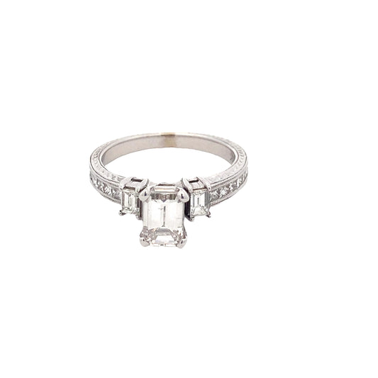 Emerald Cut Diamond 3 Stone Ring with Princess Cut Diamond set shoulders