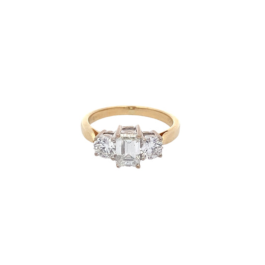 Emerald and Round Brilliant Cut Diamond 3 Stone Ring