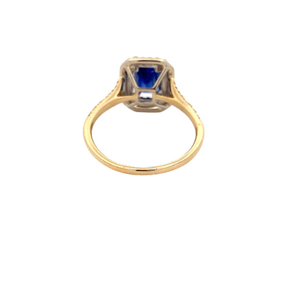 Sapphire and Diamond Double Halo Ring with Split Diamond Set Shoulders