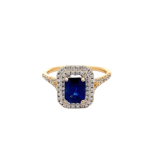 Sapphire and Diamond Double Halo Ring with Split Diamond Set Shoulders